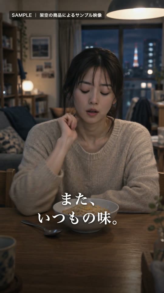 夕食のチャーハンを前に退屈そうな女性