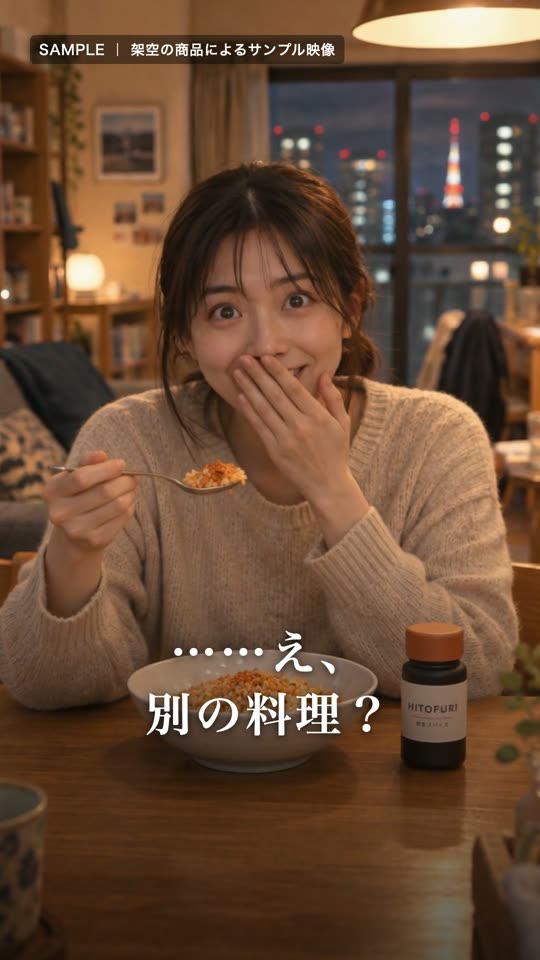 サンプル映像の場面：ひと口食べて驚く女性