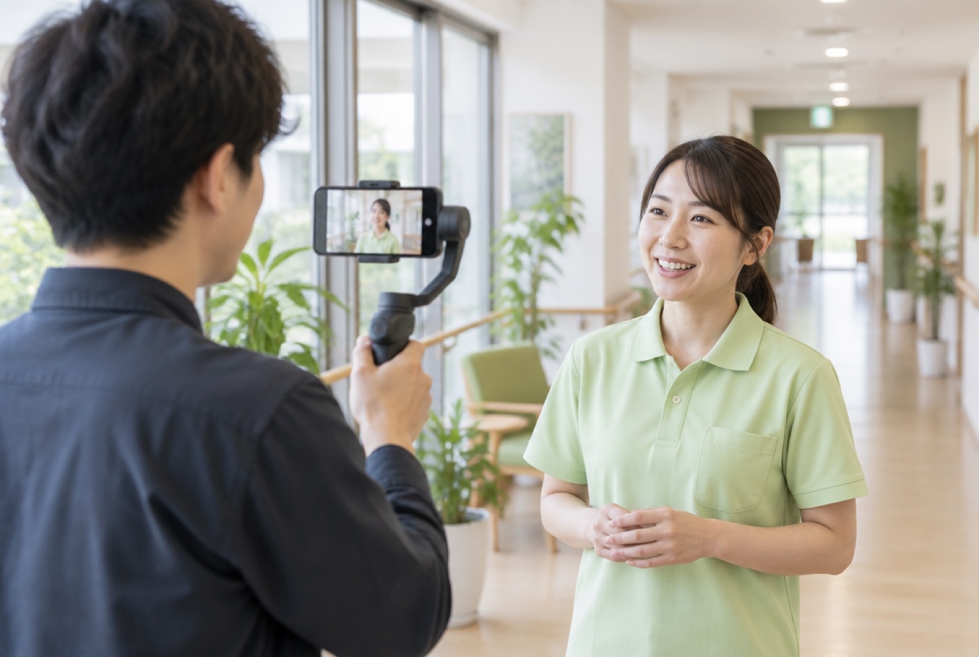 介護施設で働く職員をスマートフォンで撮影している様子