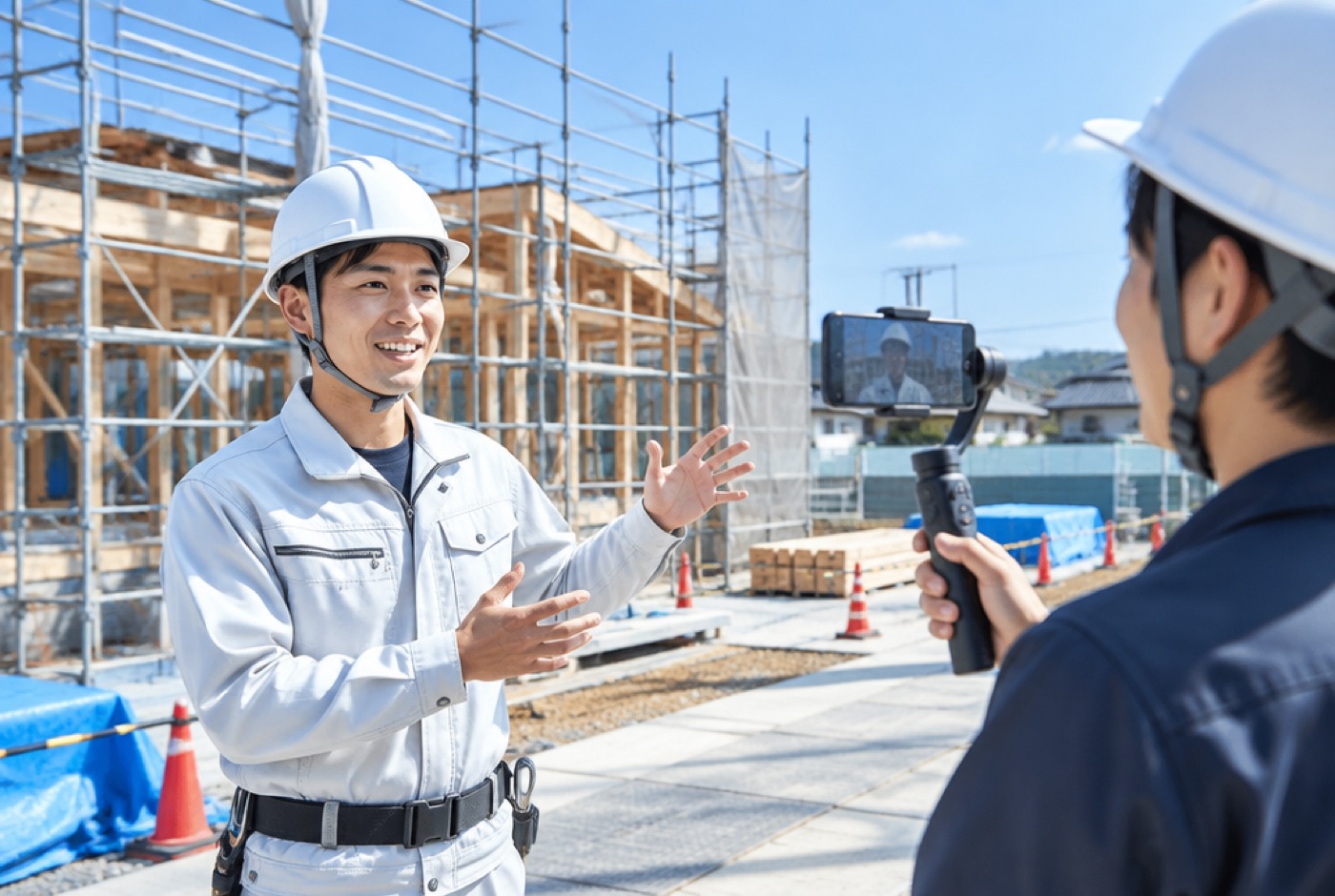 建設現場の作業員を撮影している様子